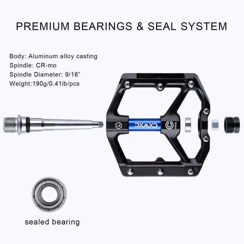 CXWXC Road/MTB Bike Pedals - Aluminum Alloy Bicycle Pedals - Mountain Bike Pedal with Removable Anti-Skid Nails (D:Black-Blue) - Image 4